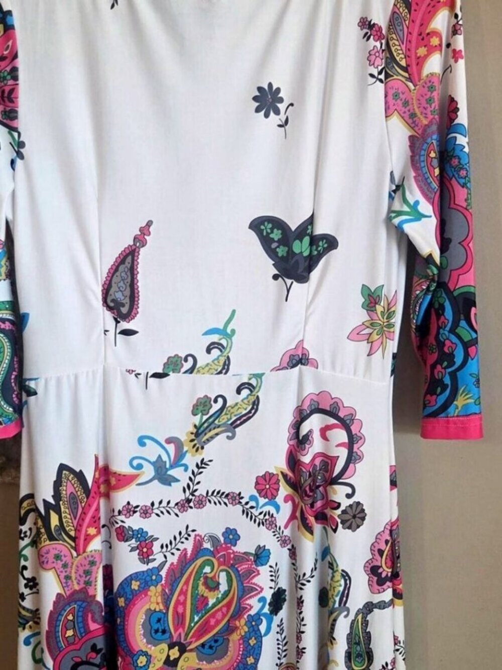 Reborn Floral Paisley Long Sleeve Dress White Multicolor Pink Cuffs Size M